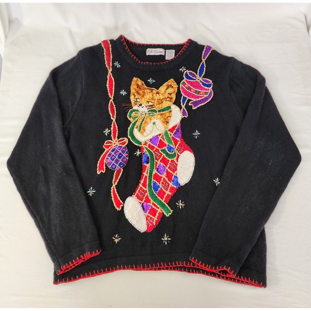 Vtg B. P. Design Kitten Cat In Stocking Large Ugly Christmas Sweater Sequins